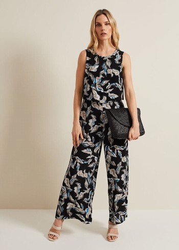 Phase Eight Aubrey Leaf Print Jumpsuit Black/Multicolor Australia | RX2864109